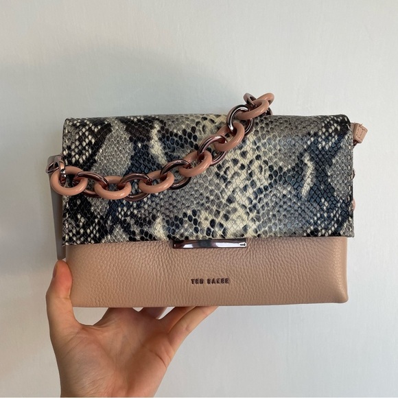 NWT Ted Baker Alani Snake Embossed Leather Shoulder Bag Taupe Pink Chain Cross - Picture 6 of 15